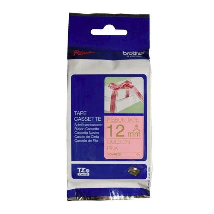Brother Tze-Re34 12Mm X 4M Gold On Pink Ribbon Tape BCL605
