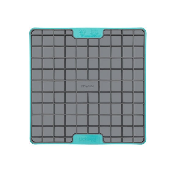 A turquoise square hard case rubber mat with squares inside.