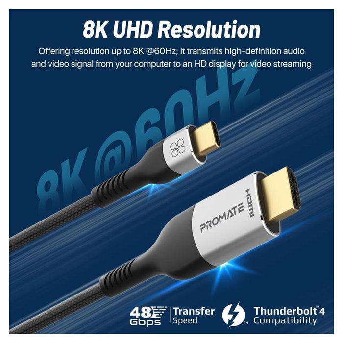 Promate 1.8M Usb-C To Hdmi Cable Supports Up To 8K@60Hz Uhd Res &