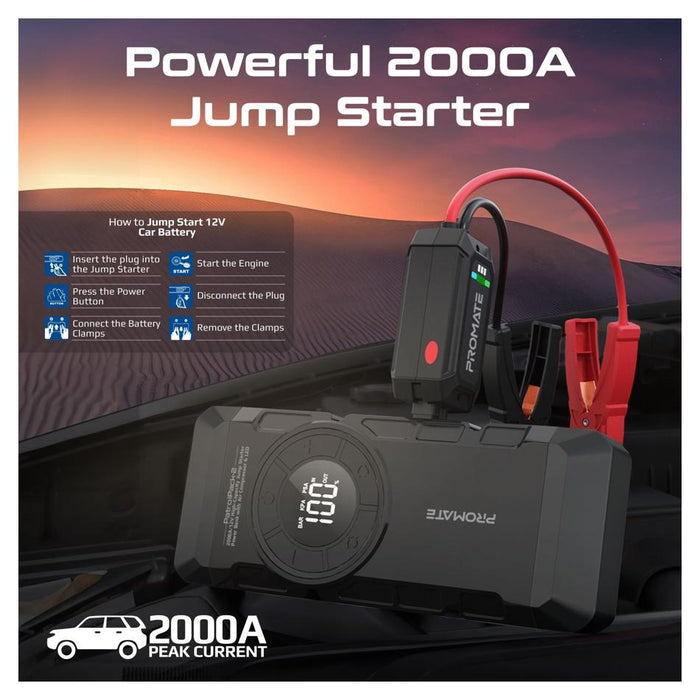 Promate 4In1 2000A/12V Heavy Duty Car Jump Starter & Air Compressor