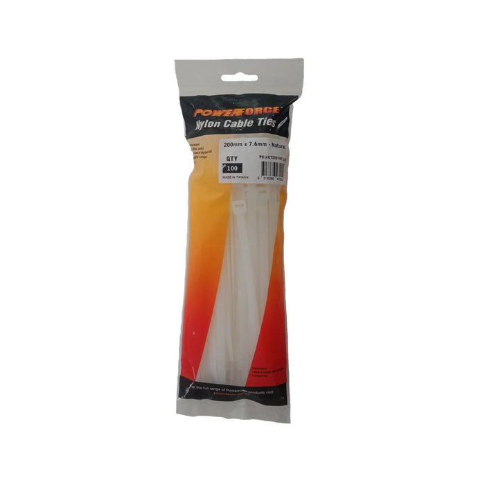 Powerforce Cable Tie Natural 200Mm X 7.6Mm Nylon Pack Of 100.