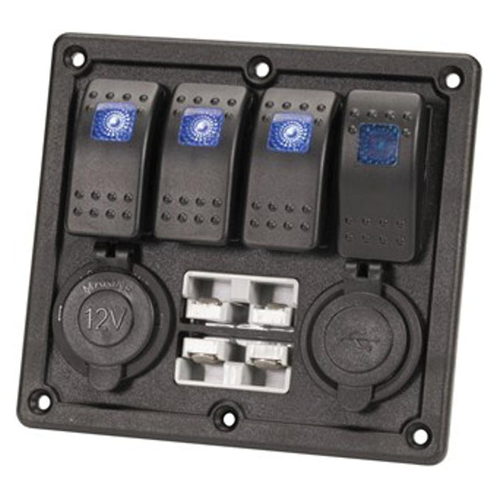 4 Way Illuminated Switch Panel With Usb, 12V And 2 X Battery Plugs