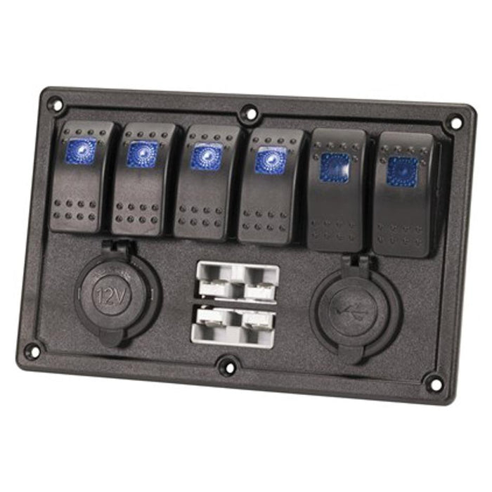 6 Way Illuminated Switch Panel With Usb, 12V And 2 X Battery Plugs_1