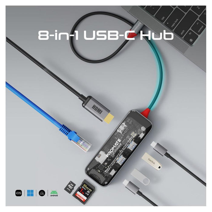 Promate 8-In-1 Usb Multi-Port Hub With Usb-C Connector. TRANSHUB-MINI