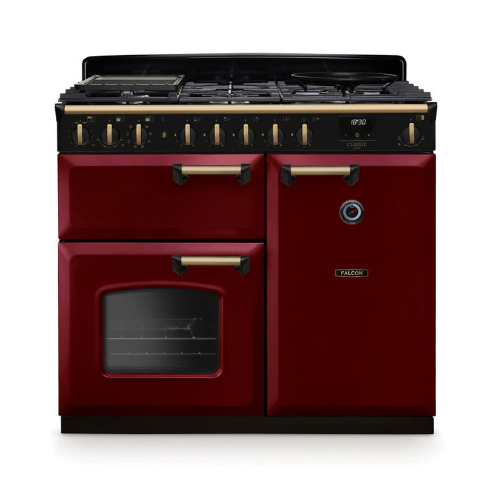 Falcon NGC Classic Deluxe 100cm Dual Fuel Range Cooker — Bordeaux / Antique Brass