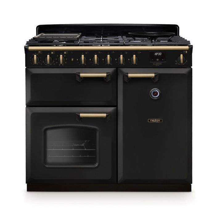 Falcon NGC Classic Deluxe 100cm Dual Fuel Range Cooker — Charcoal Black / Antique Brass