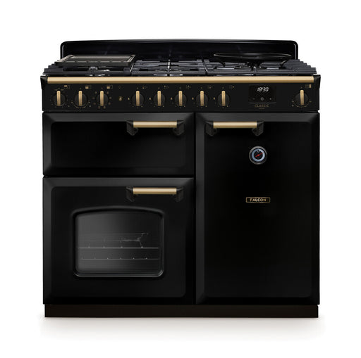 Falcon NGC Classic Deluxe 100cm Dual Fuel Range Cooker — Gloss Black / Antique Brass