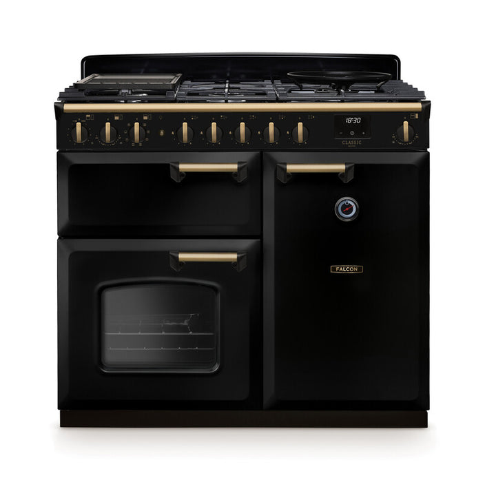Falcon NGC Classic Deluxe 100cm Dual Fuel Range Cooker — Gloss Black / Antique Brass