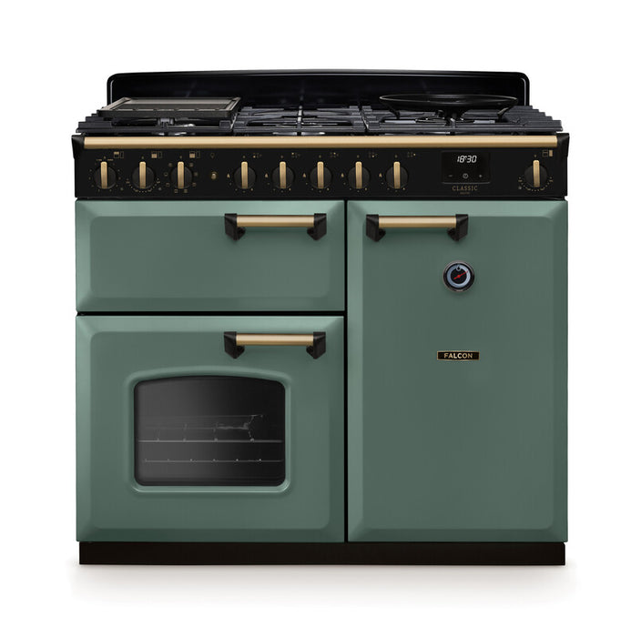 Falcon NGC Classic Deluxe 100cm Dual Fuel Range Cooker — Mineral Green / Antique Brass