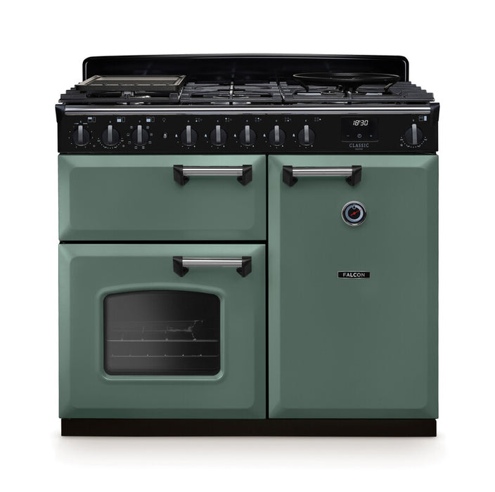 Falcon NGC Classic Deluxe 100cm Dual Fuel Range Cooker — Mineral Green / Chrome