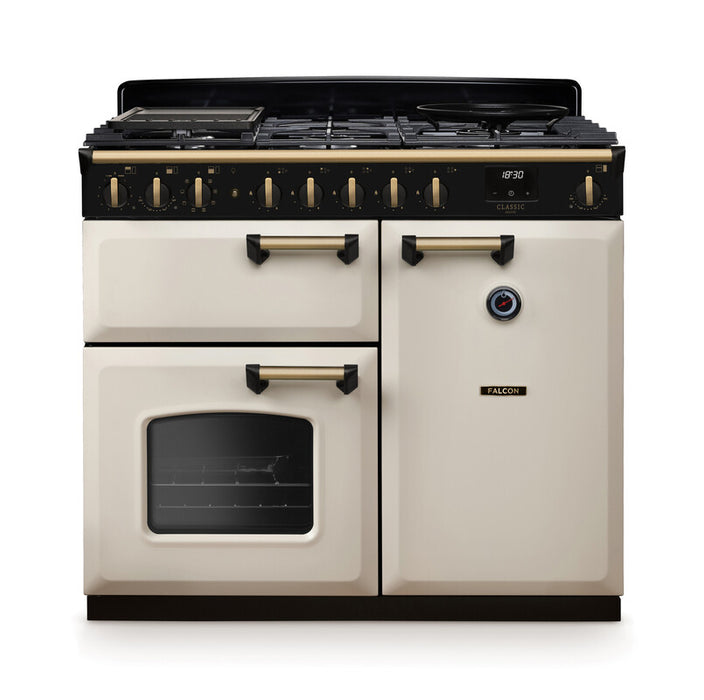 Falcon NGC Classic Deluxe 100cm Dual Fuel Range Cooker — Pale Cream / Antique Brass