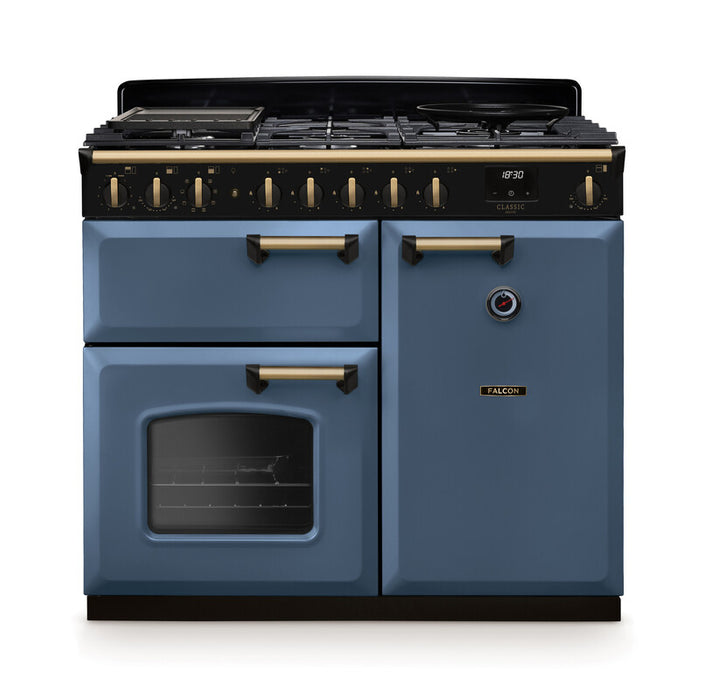 Falcon NGC Classic Deluxe 100cm Dual Fuel Range Cooker — Stone Blue / Antique Brass