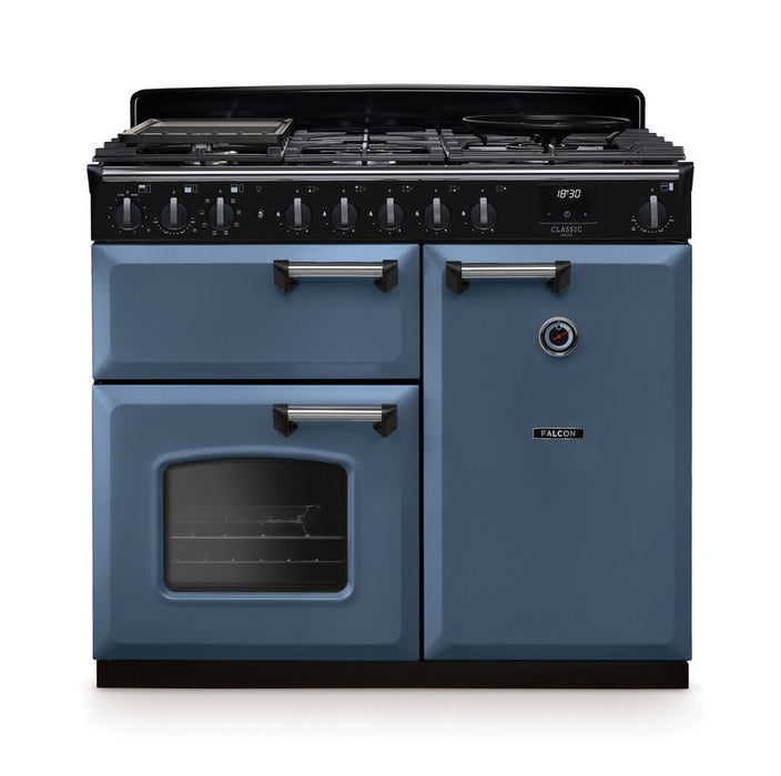 Falcon NGC Classic Deluxe 100cm Dual Fuel Range Cooker — Stone Blue / Chrome