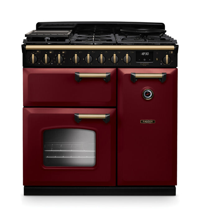 Falcon NGC Classic Deluxe 90cm Dual Fuel Range Cooker — Bordeaux / Antique Brass