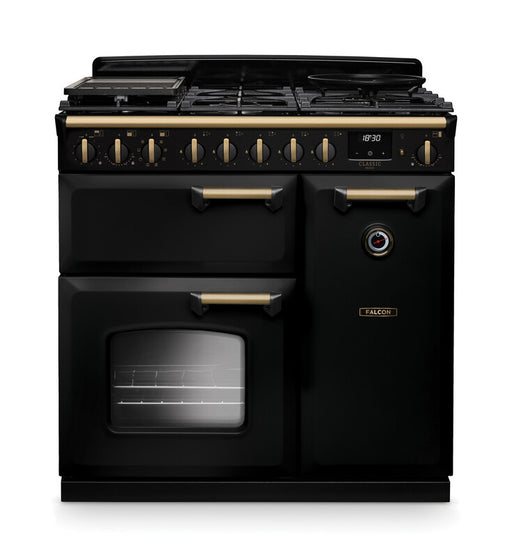 Falcon NGC Classic Deluxe 90cm Dual Fuel Range Cooker — Gloss Black / Antique Brass