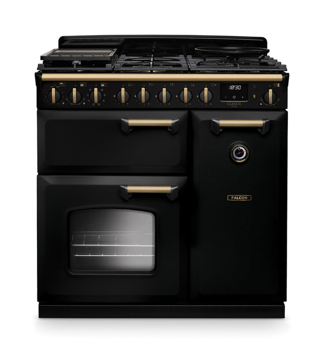 Falcon NGC Classic Deluxe 90cm Dual Fuel Range Cooker — Gloss Black / Antique Brass