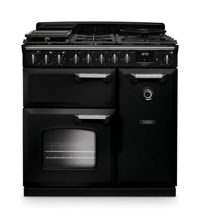 Falcon NGC Classic Deluxe 90cm Dual Fuel Range Cooker — Gloss Black / Chrome