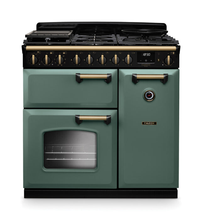 Falcon NGC Classic Deluxe 90cm Dual Fuel Range Cooker — Mineral Green / Antique Brass