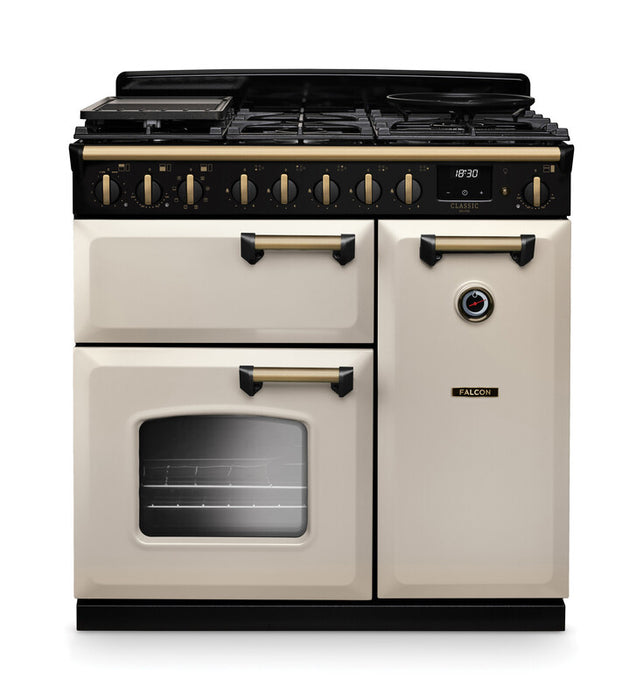 Falcon NGC Classic Deluxe 90cm Dual Fuel Range Cooker — Pale Cream / Antique Brass