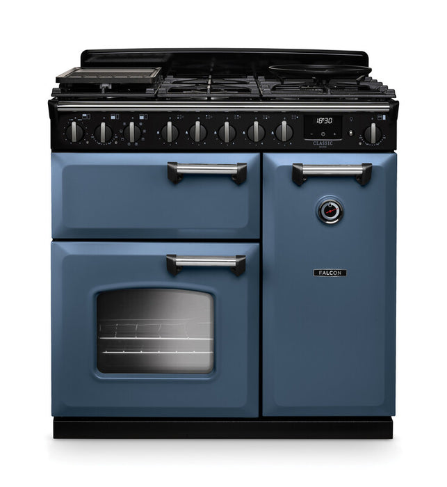 Falcon NGC Classic Deluxe 90cm Dual Fuel Range Cooker — Stone Blue / Chrome