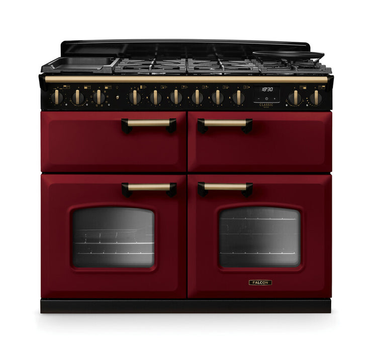 Falcon NGC Classic Deluxe 110cm Dual Fuel Range Cooker with Slow Cook Oven — Bordeaux / Antique Brass