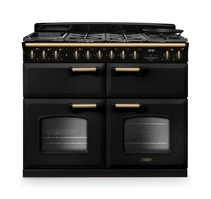 Falcon NGC Classic Deluxe 110cm Dual Fuel Range Cooker with Slow Cook Oven — Charcoal Black / Antique Brass