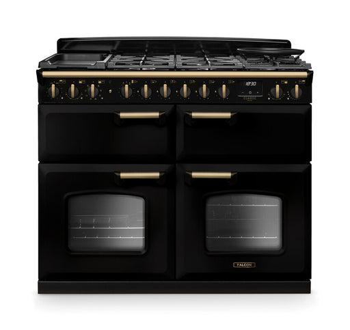 Falcon NGC Classic Deluxe 110cm Dual Fuel Range Cooker with Slow Cook Oven — Gloss Black / Antique Brass