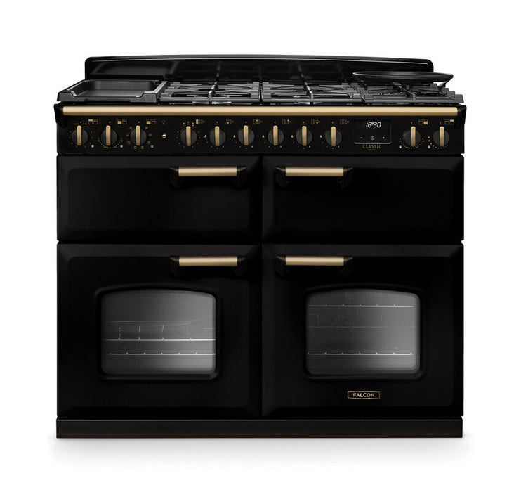 Falcon NGC Classic Deluxe 110cm Dual Fuel Range Cooker with Slow Cook Oven — Gloss Black / Antique Brass