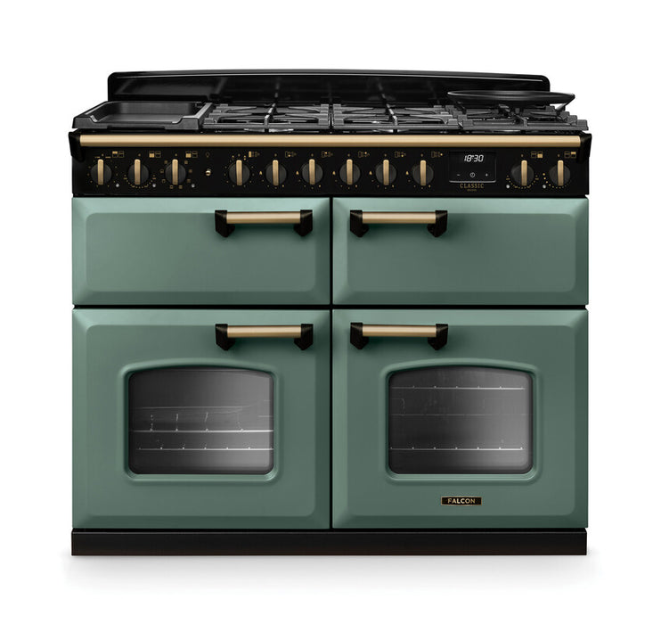 Falcon NGC Classic Deluxe 110cm Dual Fuel Range Cooker with Slow Cook Oven — Mineral Green / Antique Brass