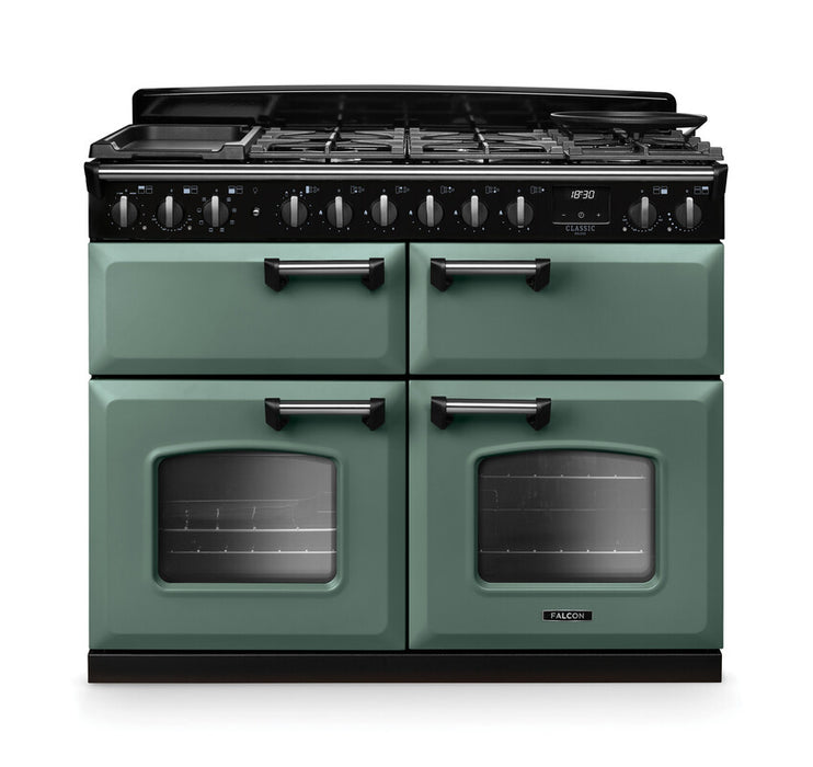 Falcon NGC Classic Deluxe 110cm Dual Fuel Range Cooker with Slow Cook Oven — Mineral Green / Chrome
