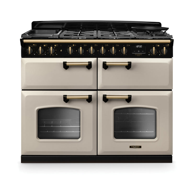 Falcon NGC Classic Deluxe 110cm Dual Fuel Range Cooker with Slow Cook Oven — Pale Cream / Antique Brass