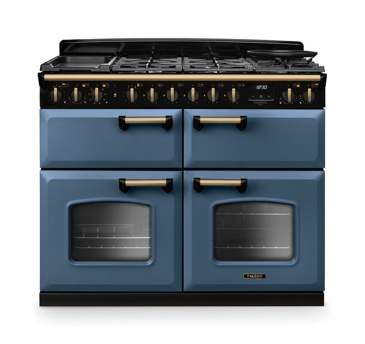 Falcon NGC Classic Deluxe 110cm Dual Fuel Range Cooker with Slow Cook Oven — Stone Blue / Antique Brass