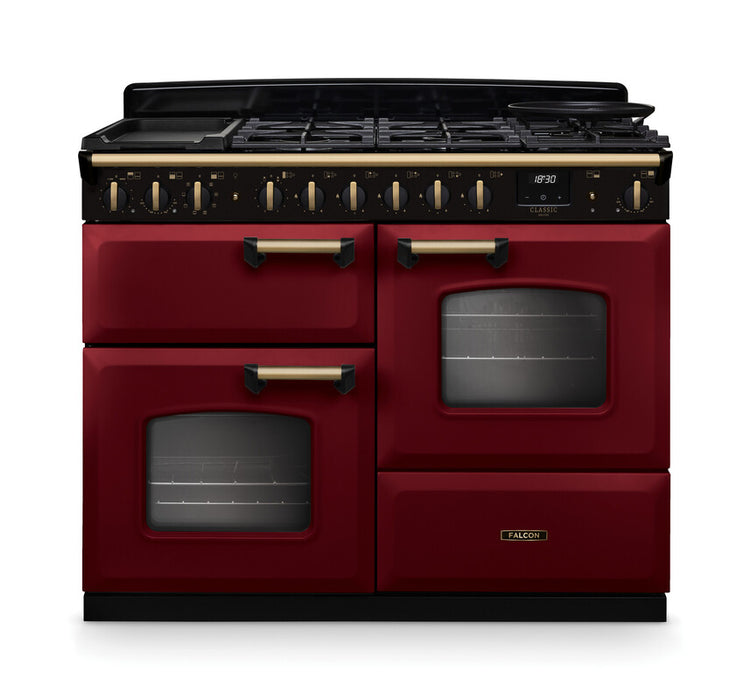 Falcon NGC Classic Deluxe 110cm Dual Fuel Range Cooker with Proving Drawer — Bordeaux / Antique Brass