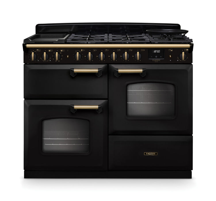 Falcon NGC Classic Deluxe 110cm Dual Fuel Range Cooker with Proving Drawer — Charcoal Black / Antique Brass
