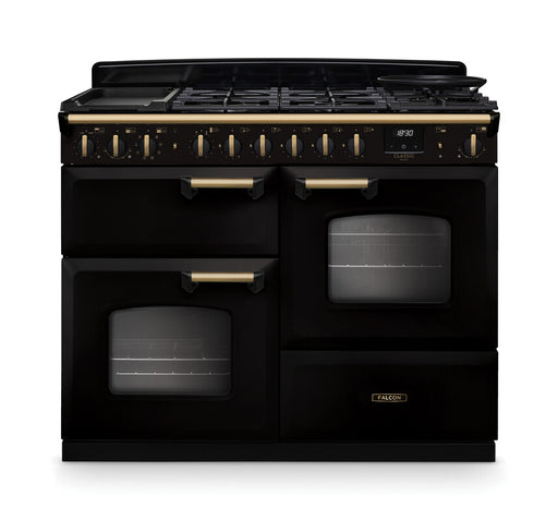 Falcon NGC Classic Deluxe 110cm Dual Fuel Range Cooker with Proving Drawer — Gloss Black / Antique Brass