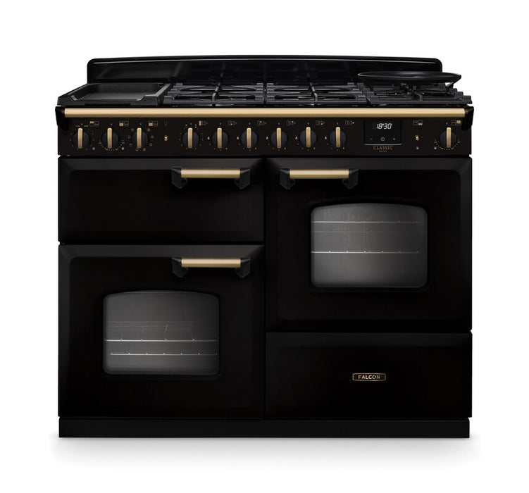 Falcon NGC Classic Deluxe 110cm Dual Fuel Range Cooker with Proving Drawer — Gloss Black / Antique Brass