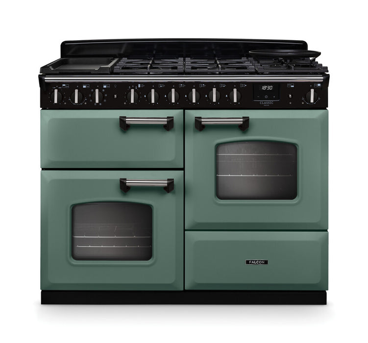 Falcon NGC Classic Deluxe 110cm Dual Fuel Range Cooker with Proving Drawer — Mineral Green / Chrome