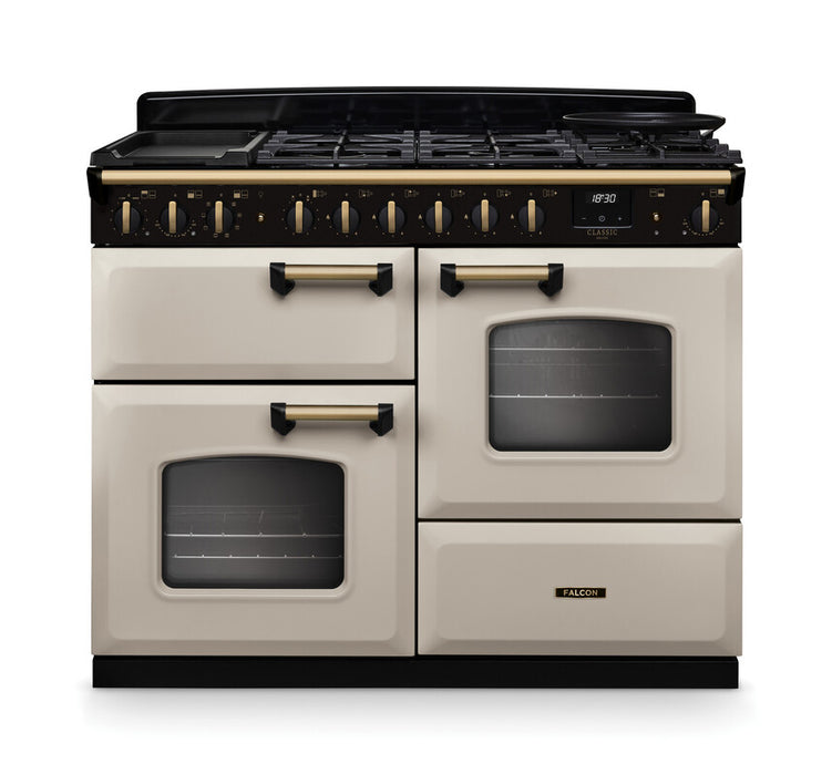 Falcon NGC Classic Deluxe 110cm Dual Fuel Range Cooker with Proving Drawer — Pale Cream / Antique Brass