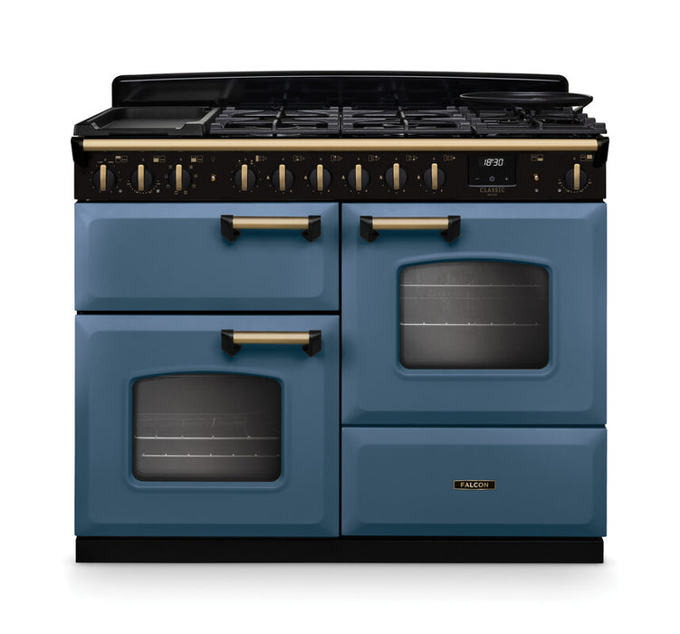 Falcon NGC Classic Deluxe 110cm Dual Fuel Range Cooker with Proving Drawer — Stone Blue / Antique Brass