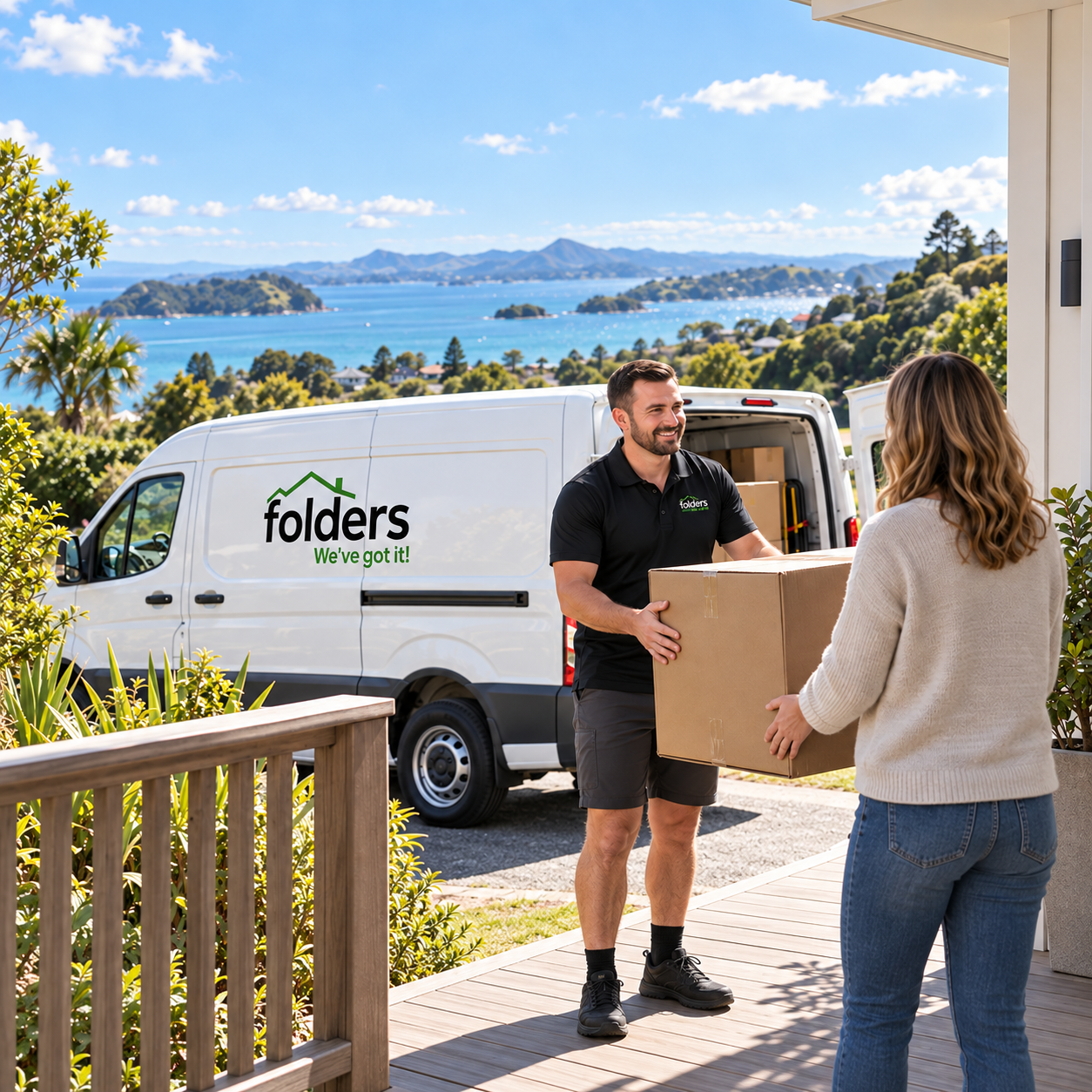 Folders delivering a parcel to a customer