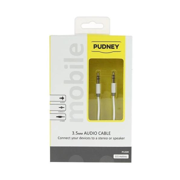 Pudney 3.5mm Stereo Plug to 3.5mm Stereo Plug, 0.5 Metre – White P1220