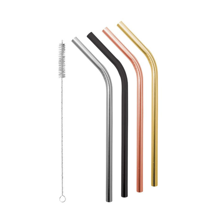 Smoothie Stainless Steel Straws With Cleaning Brush - Prescious Metals - Set Of 4