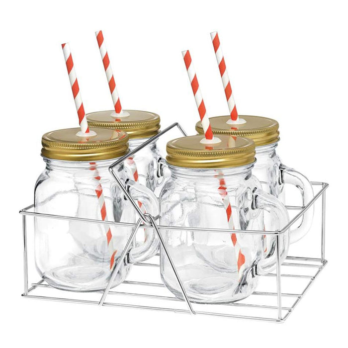 Mason Jar With Handle And Candy Stripe Straw 4 Piece Set In Caddy - 400Ml