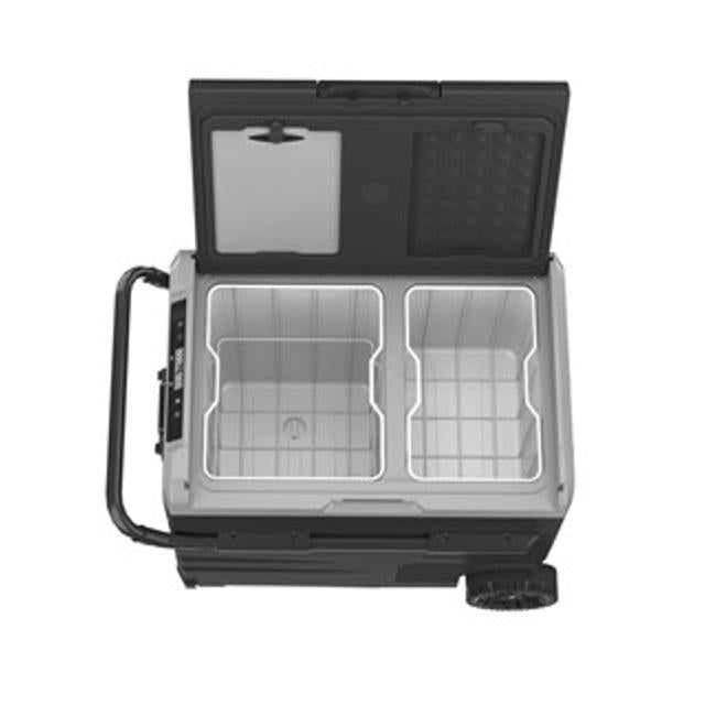 45L Brass Monkey Portable Dual Zone Fridge And Freezer With Solar Charger Board Plus Handles + Wheels And Support Removable Battery