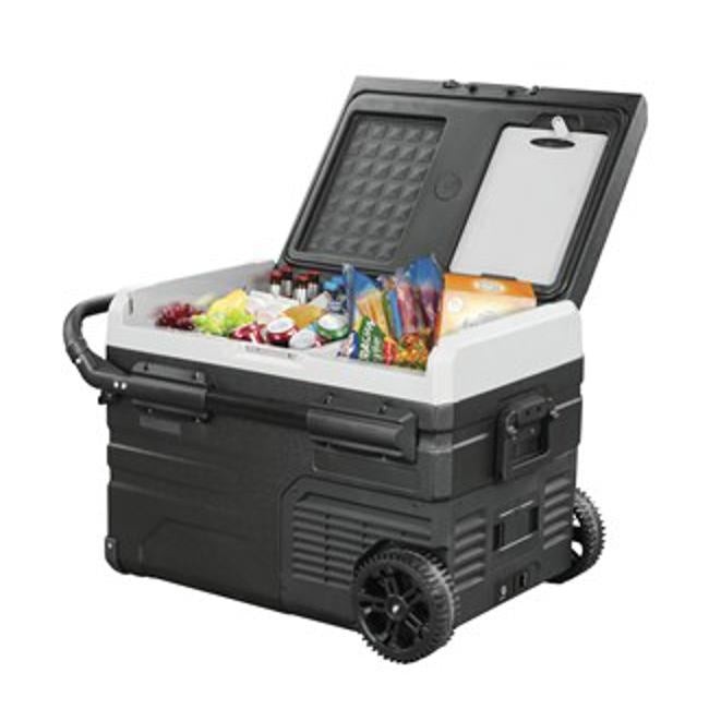 45L Brass Monkey Portable Dual Zone Fridge And Freezer With Solar Charger Board Plus Handles + Wheels And Support Removable Battery