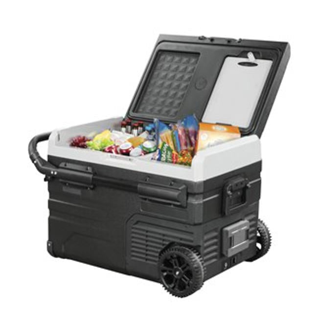 45L Brass Monkey Portable Dual Zone Fridge And Freezer With Solar Charger Board Plus Handles + Wheels And Support Removable Battery