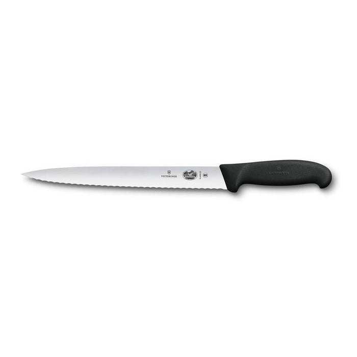 Victorinox Slicing Knife, 25Cm Pointed Tip Wavy Edge, Fibrox - Black