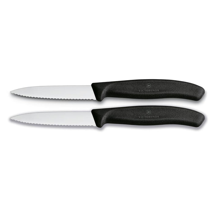 Victorinox Paring Knife, 8 Cm Pointed Tip, Wavy Edge, 2 Pc Set, Classic Black