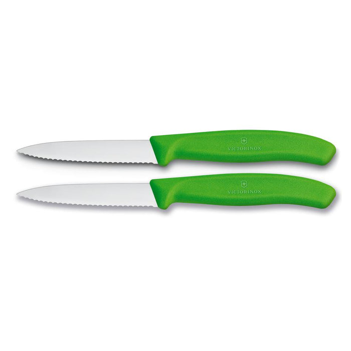 Victorinox Paring Knife, 8 Cm Pointed Tip, Wavy Edge, 2 Pc Set, Classic Green