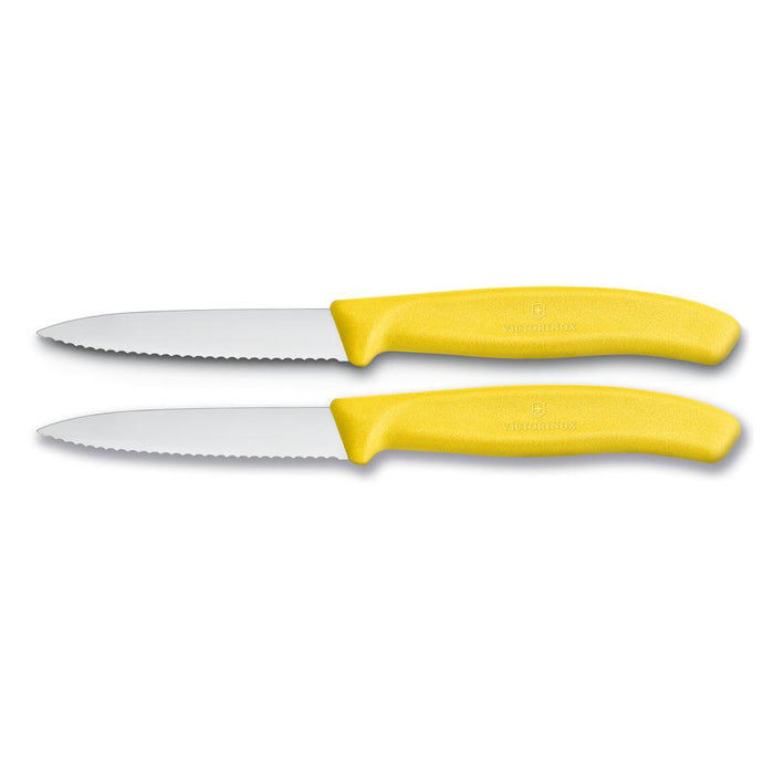 Victorinox Paring Knife, 8 Cm Pointed Tip, Wavy Edge, 2 Pc Set, Classic Yellow